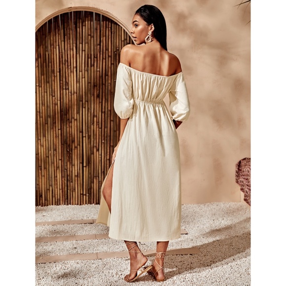 Off Shoulder Beige Boho Dress with Leg Slit - Picture 3 of 10